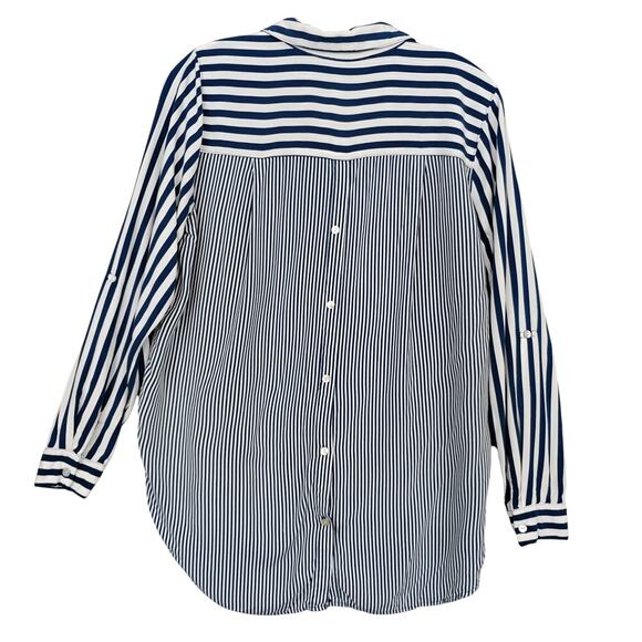Jane + Delancey Button Down Shirt Small Striped Blue & White Roll Tab Sleeves - Picture 7 of 9